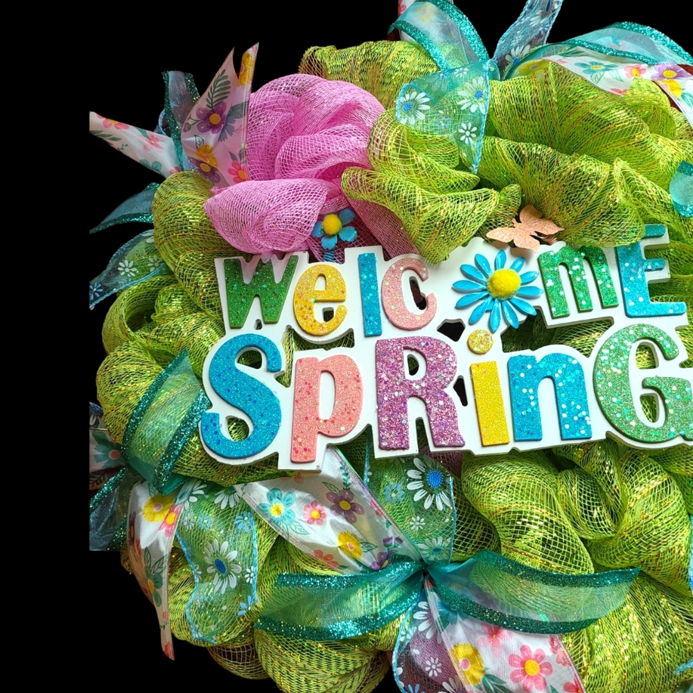 HANDMADE WELCOME SPRING DECO MESH WREATH - Picture 2 of 4